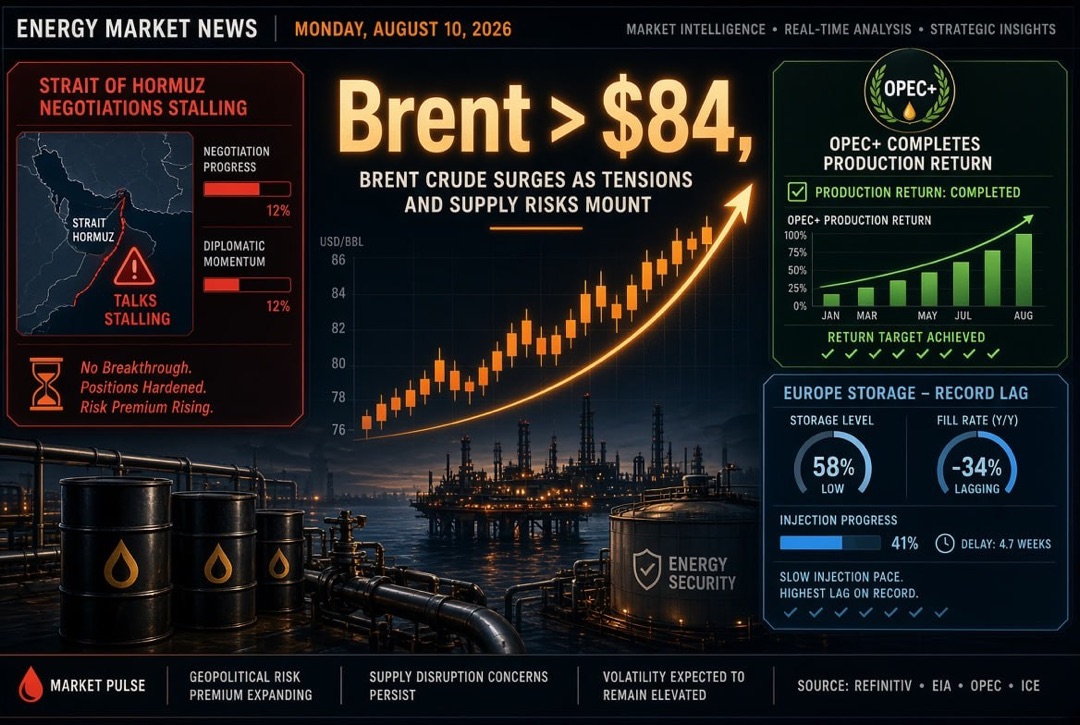 Noticias de petróleo y energía — lunes, 10 de agosto de 2026: las negociaciones sobre el estrecho de Ormuz se estancan, Brent por encima de $84, OPEP+ completó el retorno de la producción, Europa llena sus almacenes con un retraso récord
