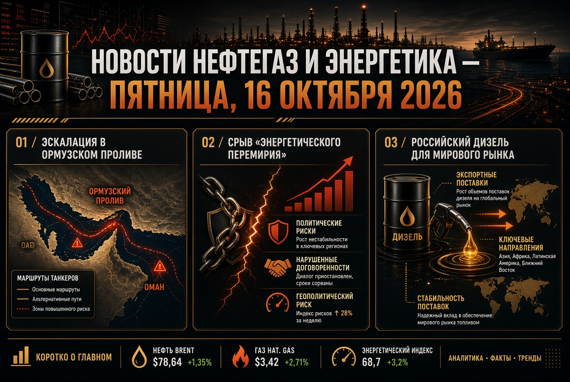 Noticias de petróleo y gas y energía — viernes, 16 de octubre de 2026: escalación en el estrecho de Ormuz, colapso del "cese al fuego energético" y diésel ruso para el mercado mundial