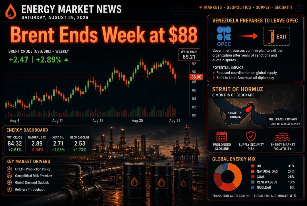 Noticias de petróleo y energía — sábado, 29 de agosto de 2026: Venezuela se prepara para salir de la OPEP, Brent cierra la semana en $88, seis meses de bloqueo del estrecho de Ormuz