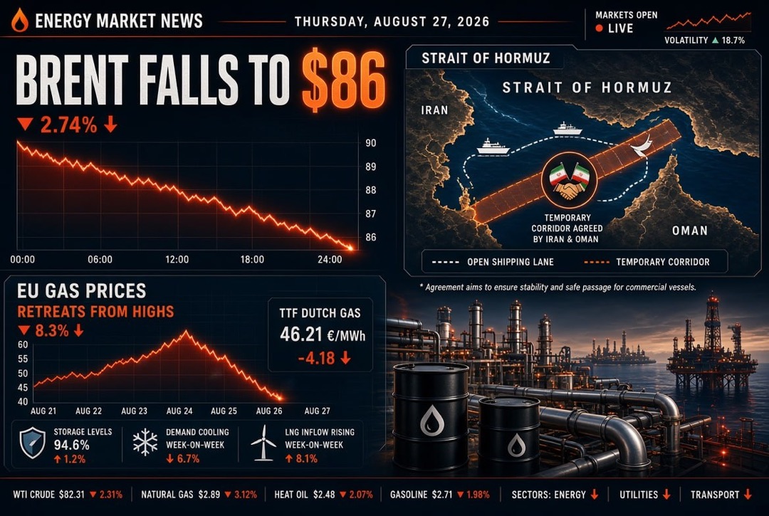 Noticias de petróleo y gas y energía — jueves, 27 de agosto de 2026: Irán y Omán acordaron un corredor temporal en el estrecho de Ormuz, Brent ha caído a $86, el gas en Europa se aleja de los máximos.