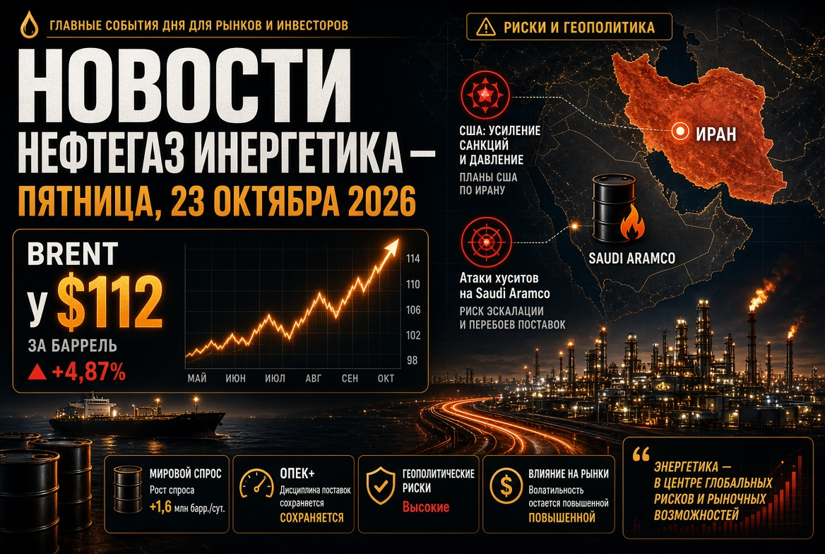 Noticias sobre petróleo y energía — viernes, 23 de octubre de 2026: Brent en $112 en medio de los planes de EE. UU. sobre Irán y los ataques hutíes a Saudi Aramco