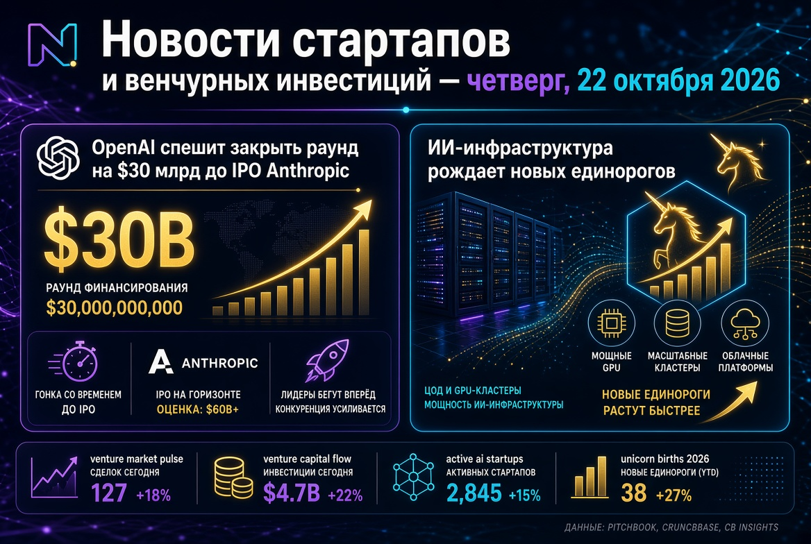 Noticias sobre startups e inversiones de capital de riesgo — jueves, 22 de octubre de 2026: OpenAI se apresura a cerrar ronda de $30 mil millones antes de la OPI de Anthropic, mientras la infraestructura de IA da vida a nuevos unicornios.