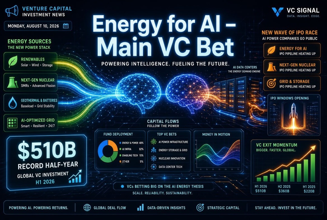 Noticias de startups e inversiones de capital de riesgo — lunes, 10 de agosto de 2026: energía para IA se convierte en la principal apuesta del venture, récord de $510 mil millones en seis meses y un nuevo giro en la carrera de IPO.