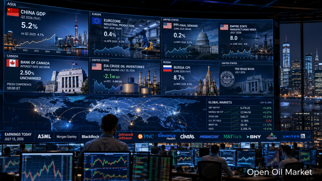 Mercados globales 15 de julio de 2026: PIB de China, PPI de EE. UU., Banco de Canadá, inventarios de petróleo EIA e informes de ASML, Morgan Stanley y BlackRock