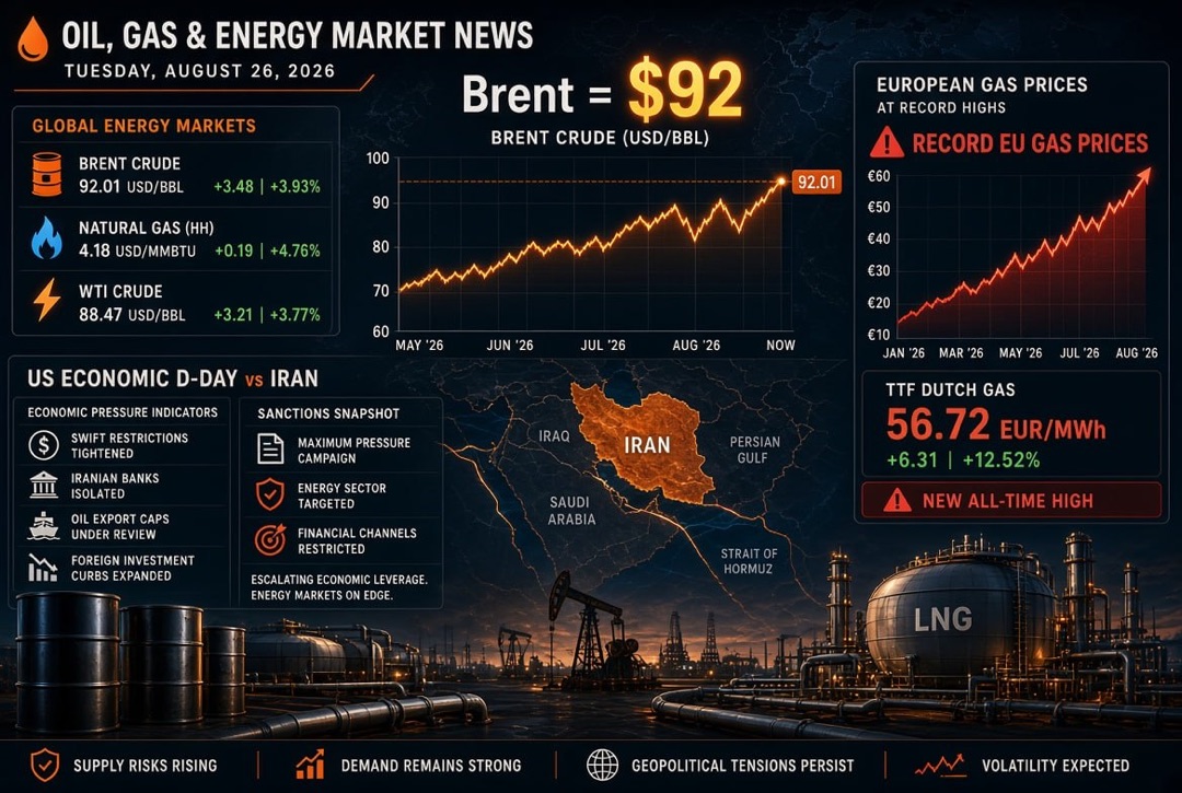 Noticias de petróleo, gas y energía - martes, 26 de agosto de 2026: "Día D económico" de EE.UU. contra Irán, Brent a $92 y precios récord del gas en Europa