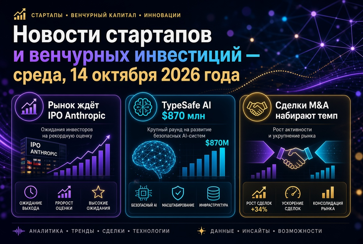 Noticias sobre startups e inversiones de riesgo - miércoles, 14 de octubre de 2026: el mercado espera la OPI de Anthropic, TypeSafe AI capta $870 millones, las transacciones de M&A ganan impulso