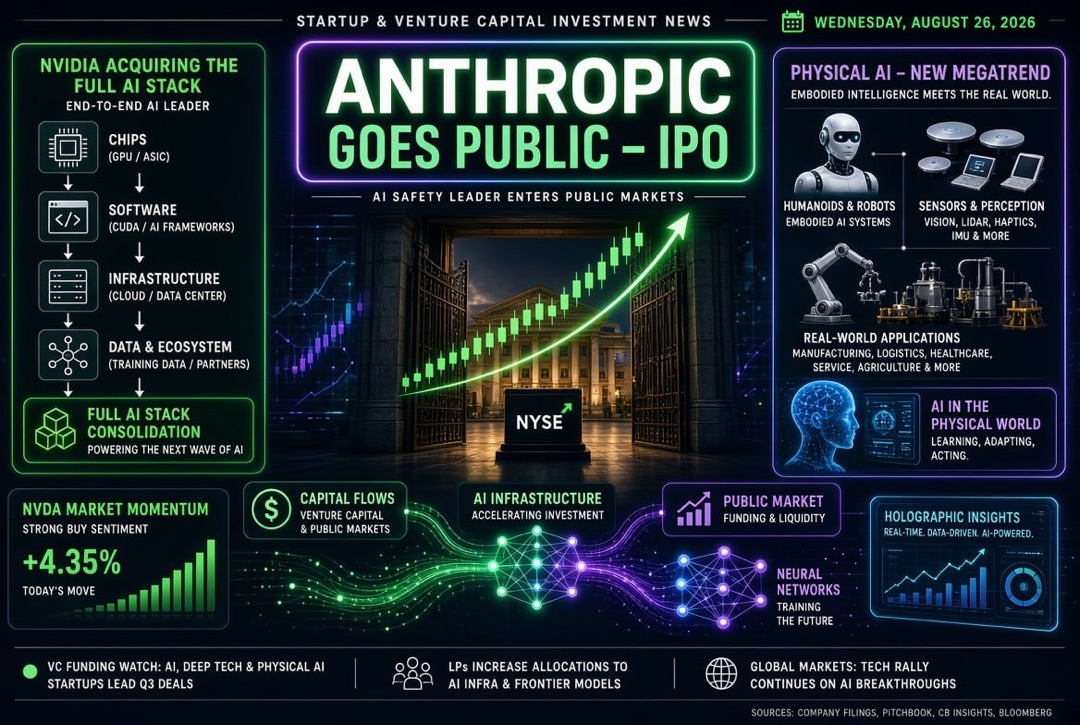 Noticias de startups e inversiones de riesgo — miércoles, 26 de agosto de 2026: Anthropic sale a IPO, Nvidia adquiere toda la pila de IA, y la IA física se convierte en la nueva megatendencia