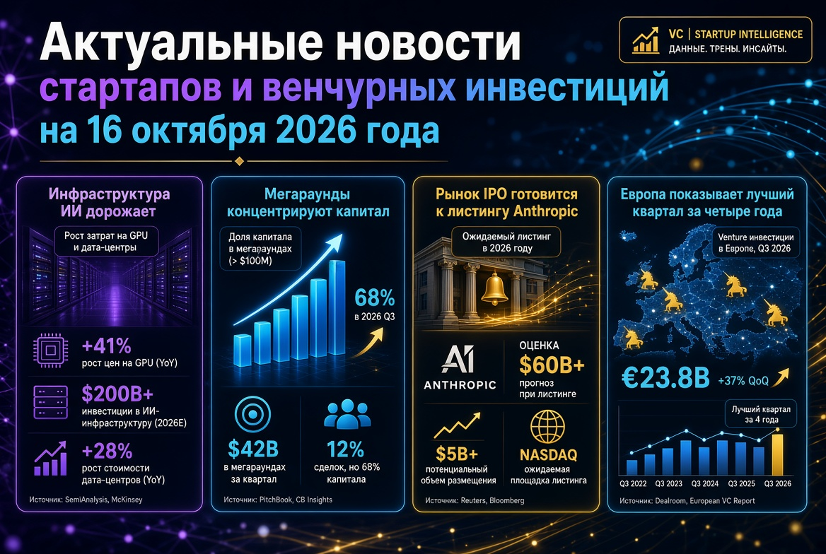 Noticias actuales de startups y inversiones de capital de riesgo al 16 de octubre de 2026: la infraestructura de IA se encarece, las megarrondas concentran capital, el mercado de IPO se prepara para el listado de Anthropic, y Europa muestra su mejor trime