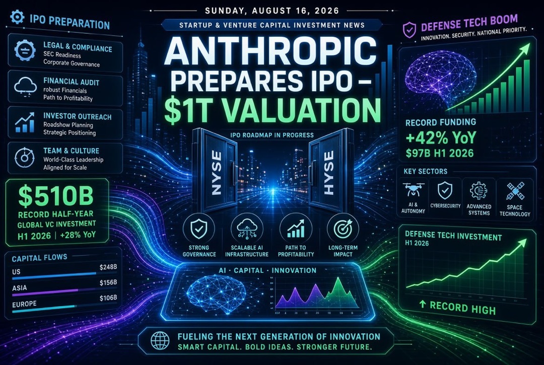Noticias de startups y capital de riesgo — domingo, 16 de agosto de 2026: Anthropic se prepara para un IPO de $1 billón, récord de $510 mil millones en el primer semestre y auge en tecnologías de defensa.