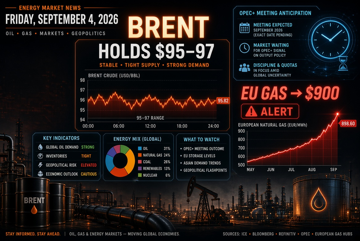 Noticias de petróleo y gas y energía — viernes, 4 de septiembre de 2026: Brent se mantiene en $95–97 a la espera de la reunión de la OPEP+, el gas en Europa asalta los $900