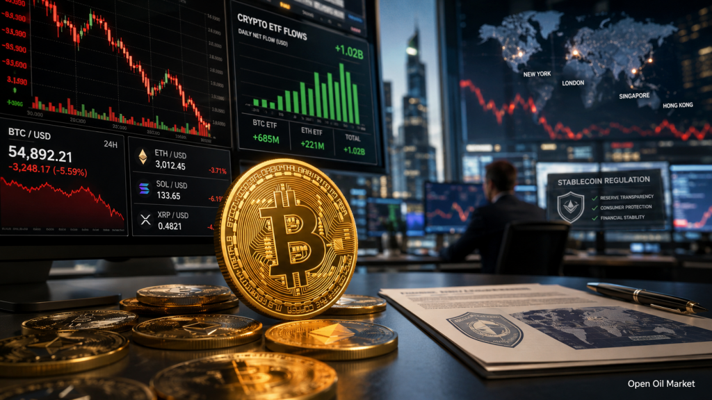 Mercado de criptomonedas 9 de julio de 2026: Bitcoin bajo presión, flujos en ETF, Ethereum, Solana, XRP y regulación de stablecoins