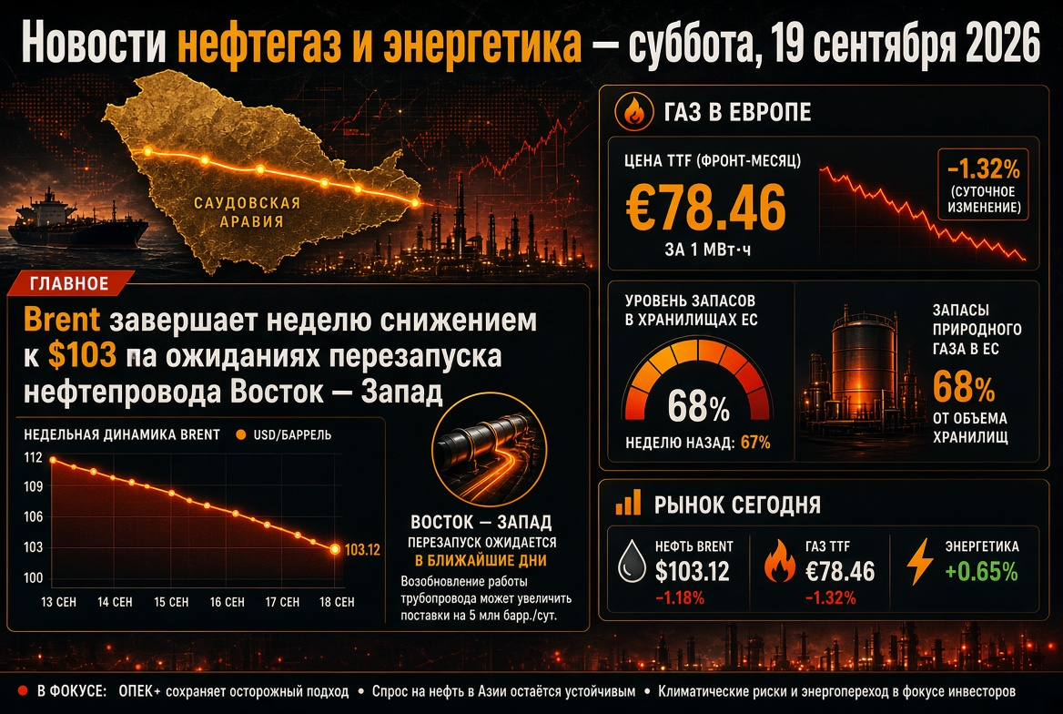 Noticias de petróleo y energía - sábado, 19 de septiembre de 2026: Brent cierra la semana a la baja a $103 por expectativas de reinicio del oleoducto Este-Oeste, gas en Europa alrededor de €78 con un almacenamiento del 68%.