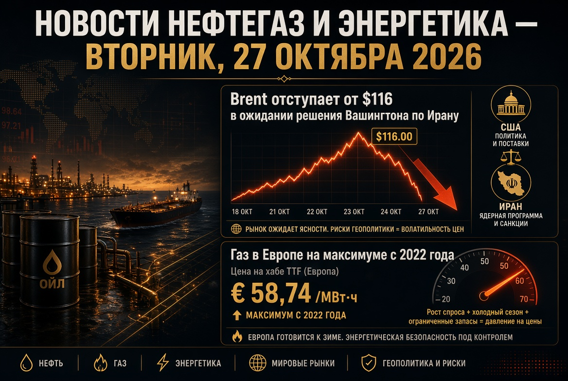 Noticias petróleo y energía — martes, 27 de octubre de 2026: Brent retrocede de $116 a la espera de la decisión de Washington sobre Irán, gas en Europa en su máximo desde 2022.