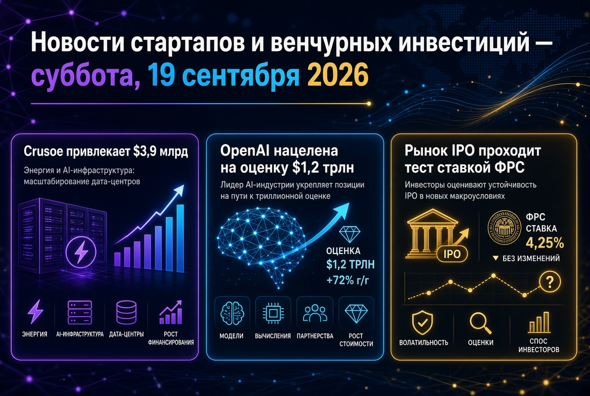 Noticias de startups y capital de riesgo — sábado, 19 de septiembre de 2026: Crusoe recauda $3.9 mil millones, OpenAI apunta a una valoración de $1.2 billones, el mercado de IPO enfrenta pruebas por la tasa de la Reserva Federal.