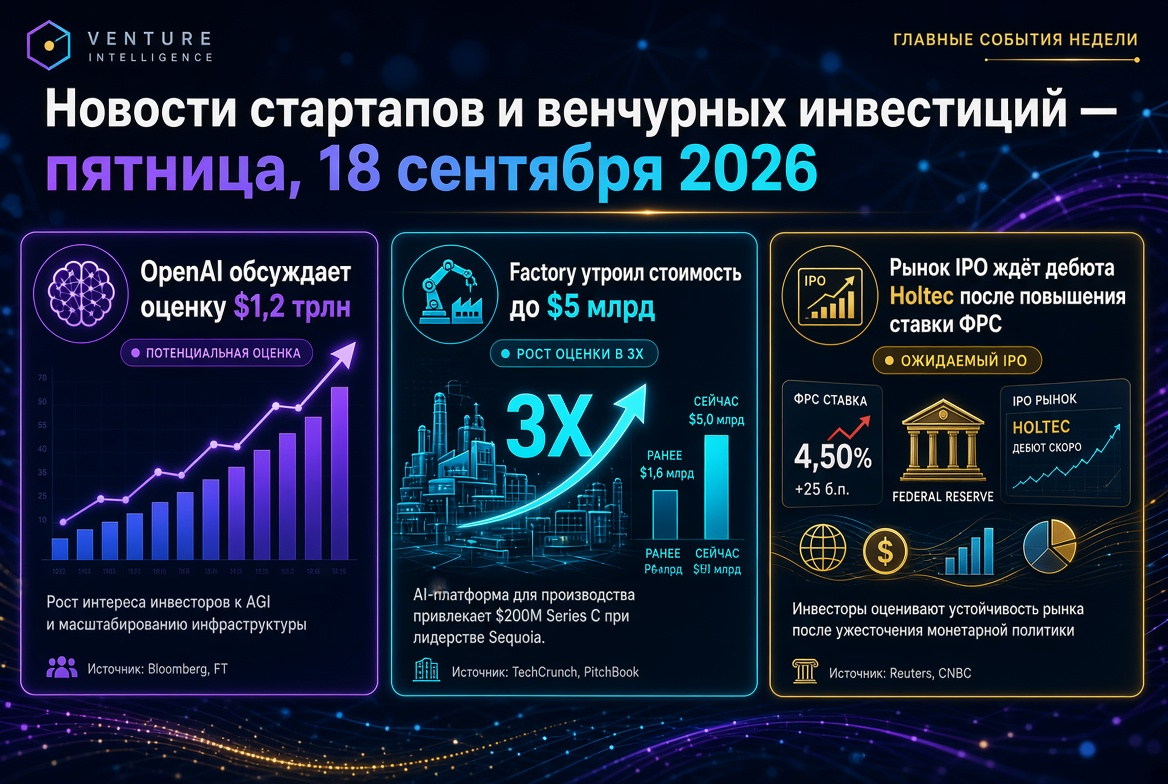 Noticias sobre startups e inversiones de capital de riesgo — viernes, 18 de septiembre de 2026: OpenAI discute valoración de $1.2 billones, Factory triplica su valor a $5 mil millones, el mercado de IPO espera el debut de Holtec tras el aumento de tasas d