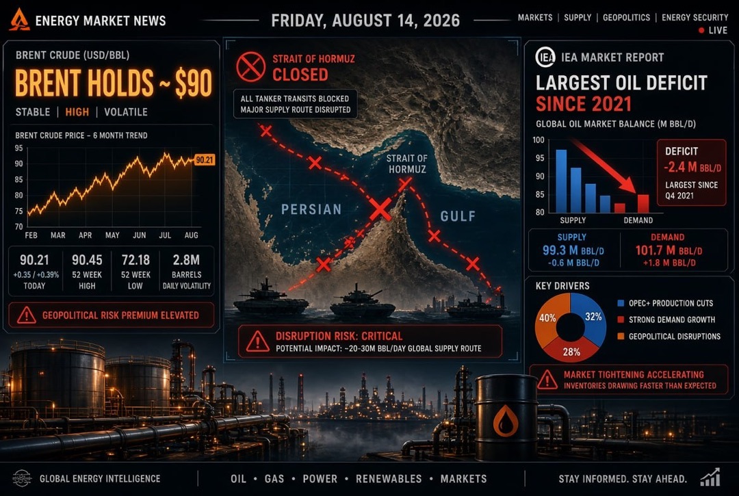 Noticias de Petróleo y Energía - viernes 14 de agosto de 2026: Brent se sostiene en $90 en medio del cierre del estrecho de Ormuz; la AIE registra el mayor déficit de petróleo desde 2021.