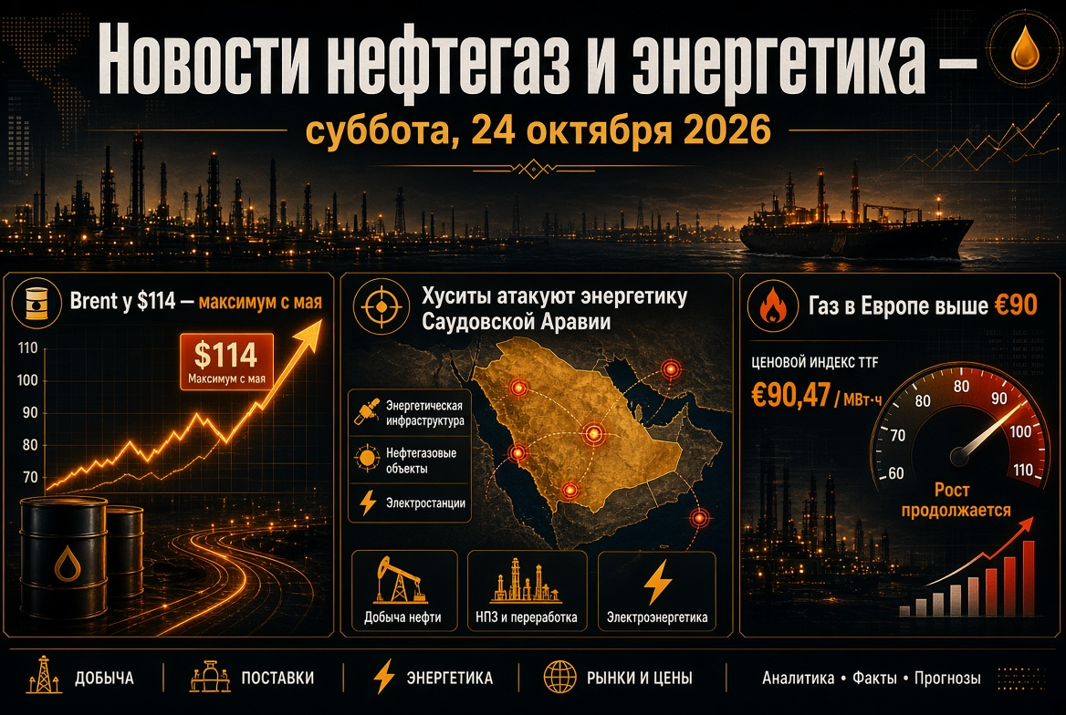 Noticias de petróleo y gas — sábado, 24 de octubre de 2026: Brent a $114 — máximo desde mayo, hutíes atacan la energía de Arabia Saudita, gas en Europa por encima de €90
