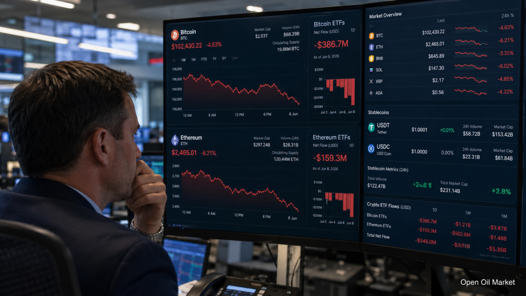 Mercado de criptomonedas 8 de junio de 2026: Bitcoin bajo presión, Ethereum a la baja, stablecoins fortalecen posiciones