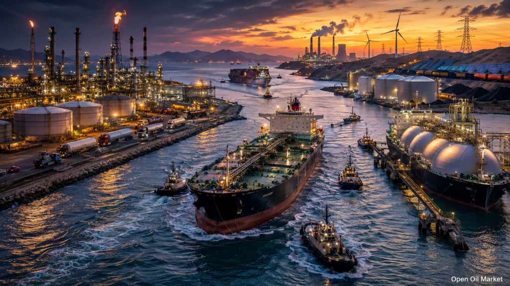 Mercado energético mundial 19 de julio de 2026: tanque de petróleo, terminal de GNL, refinería, centrales eléctricas, ERNC y logística del carbón.