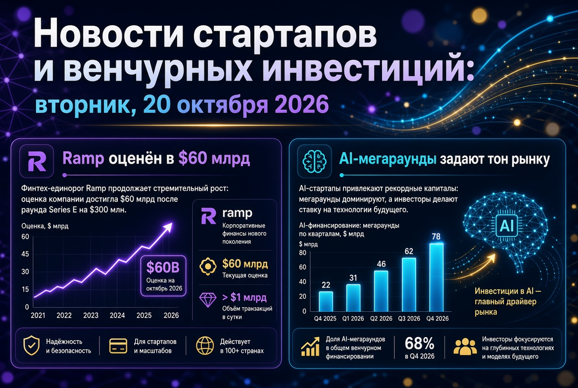 Noticias sobre startups e inversiones de capital de riesgo: martes, 20 de octubre de 2026 — Ramp valorada en $60 mil millones, las mega rondas de IA marcan el tono en el mercado