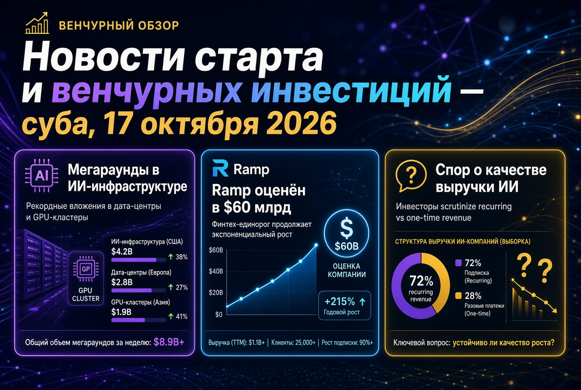 Noticias de startups e inversiones de capital de riesgo — sábado, 17 de octubre de 2026: megarrondas en infraestructura de IA, Ramp valorado en $60 mil millones y debate sobre la calidad de ingresos de IA.