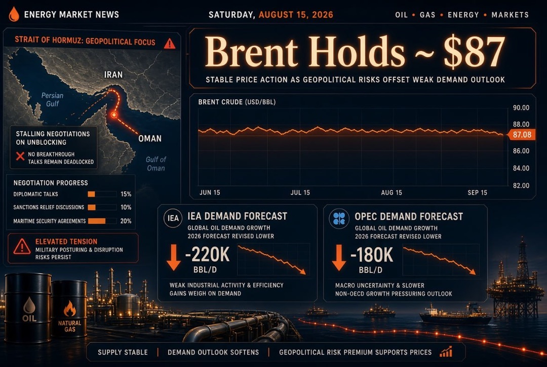 Noticias petróleo y gas y energía — sábado, 15 de agosto de 2026: Brent se mantiene cerca de $87 en medio de negociaciones estancadas para desbloquear el estrecho de Ormuz; AIE y OPEP reducen pronósticos de demanda.