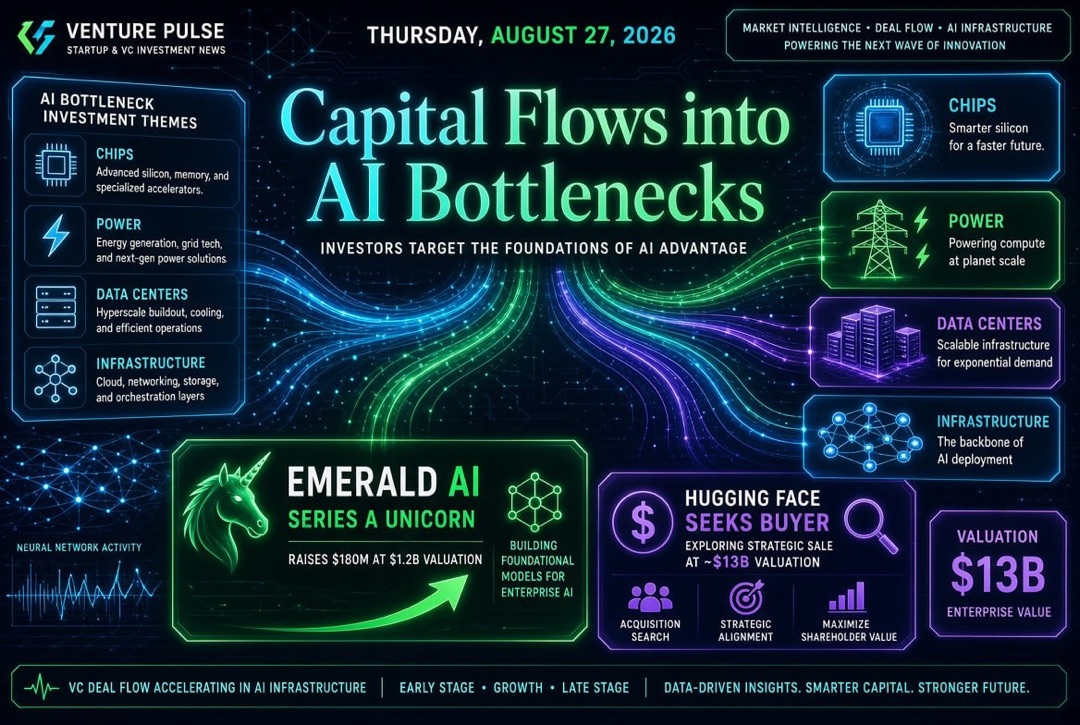 Noticias de startups y capital de riesgo — jueves, 27 de agosto de 2026: el capital se dirige a los 'puntos críticos' de IA, Emerald AI se convirtió en un unicornio en Serie A, y Hugging Face busca comprador por $13 mil millones.
