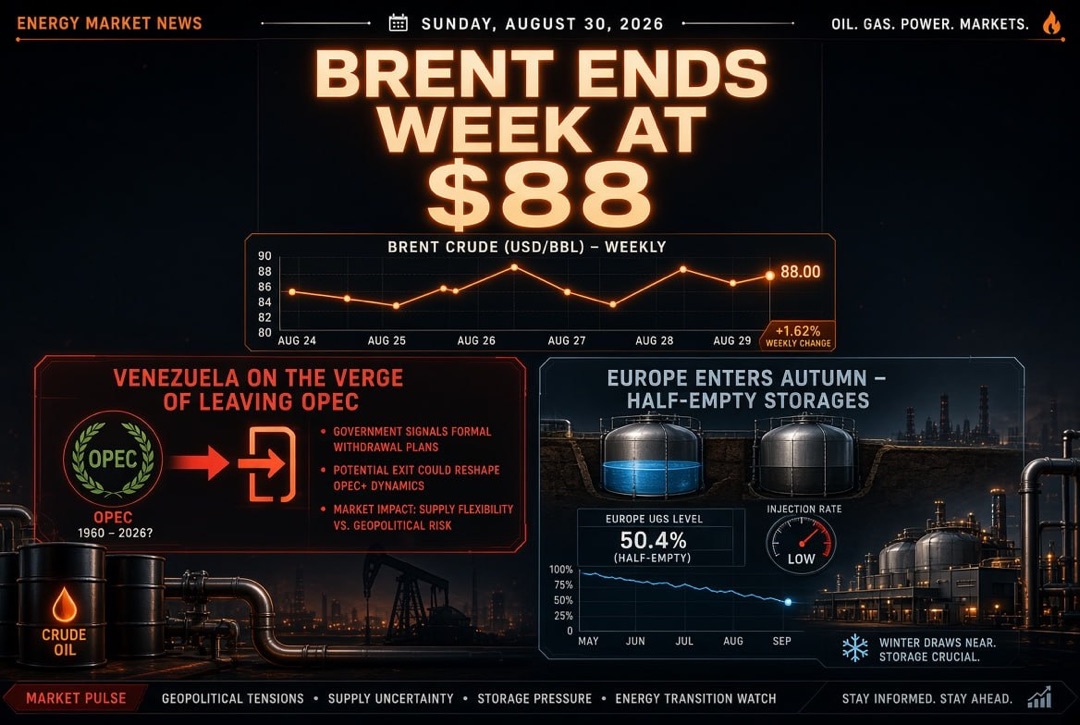 Noticias petróleo y energía — domingo, 30 de agosto de 2026: Venezuela al borde de salir de la OPEP, Brent cierra la semana en $88, Europa entra en otoño con UGS medio vacíos
