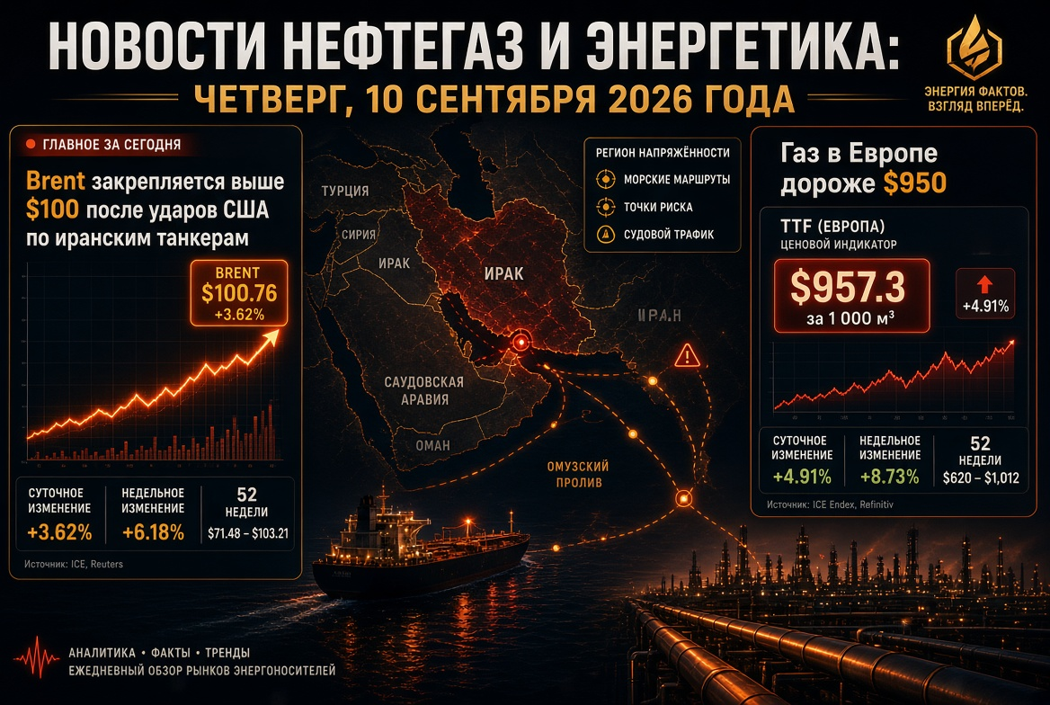 Noticias de petróleo y energía: jueves, 10 de septiembre de 2026 — Brent se asienta por encima de $100 tras ataques de EE. UU. a petroleros iraníes, gas en Europa más caro que $950