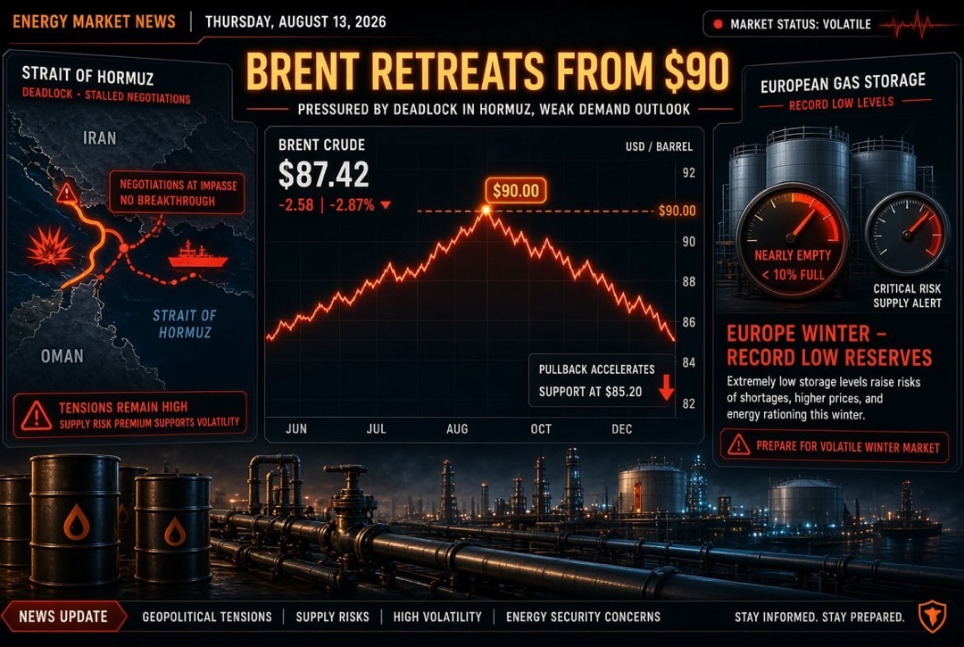 Noticias de petróleo y energía — jueves, 13 de agosto de 2026: Brent retrocede de $90 en medio del estancamiento en el estrecho de Ormuz; Europa entra al invierno con reservas de gas históricamente bajas