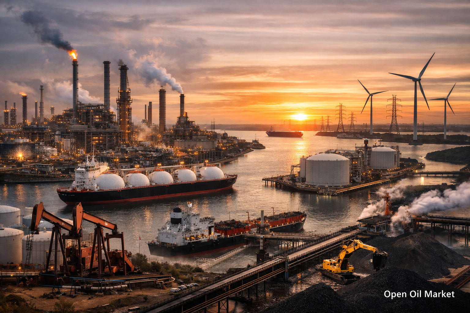 Refinería, terminal de GNL, petroleros y puerto de carbón al atardecer - mercado global de petróleo y energía 18 febrero 2026