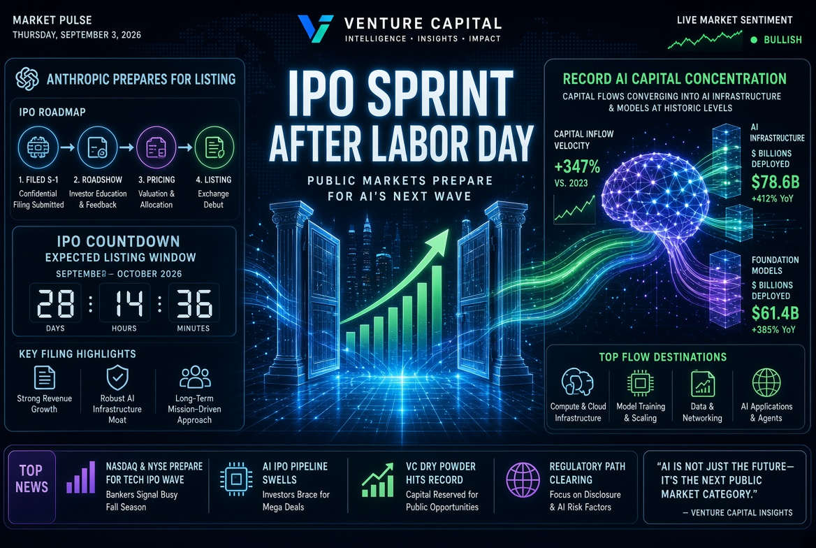 Noticias de startups y capital de riesgo — jueves, 3 de septiembre de 2026: Sprint de IPO después del Día del Trabajo, preparación de Anthropic para su listado y concentración récord de capital en IA