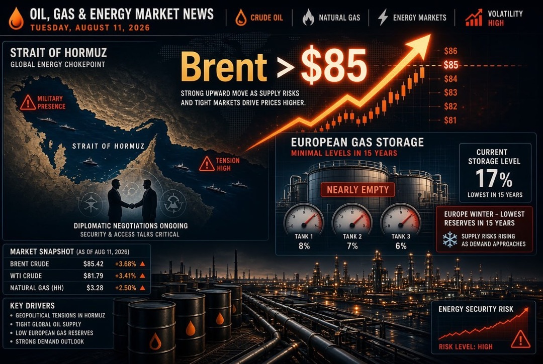 Noticias de petróleo y energía — martes, 11 de agosto de 2026: Brent supera los $85 en medio de la negociación del estrecho de Ormuz, Europa entra al invierno con los niveles más bajos de gas en 15 años