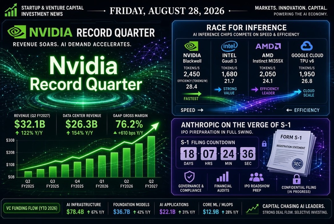Noticias de startups y inversiones de capital de riesgo - viernes, 28 de agosto de 2026: trimestre récord de Nvidia, carrera por la inferencia y Anthropic a las puertas del S-1 público