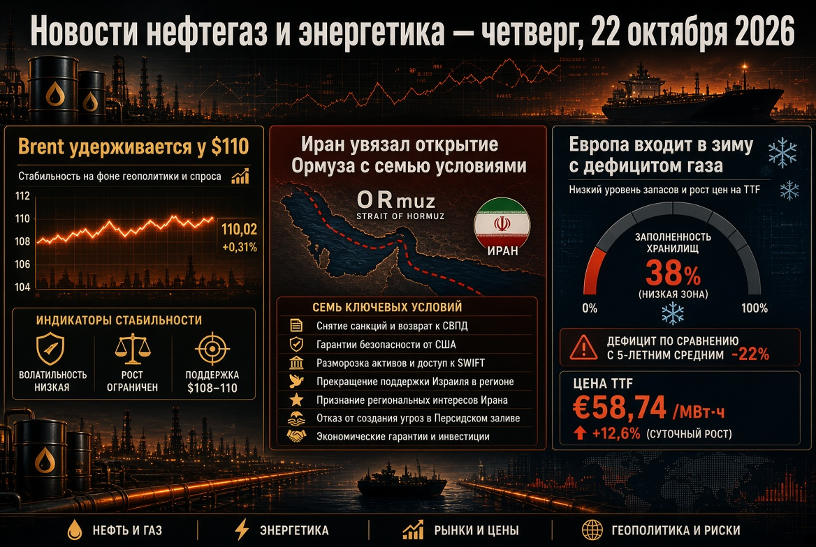 Noticias petróleo y gas y energía — jueves, 22 de octubre de 2026: Brent se mantiene en $110, Irán condiciona la apertura de Ormuz a siete requisitos, Europa entra al invierno con escasez de gas