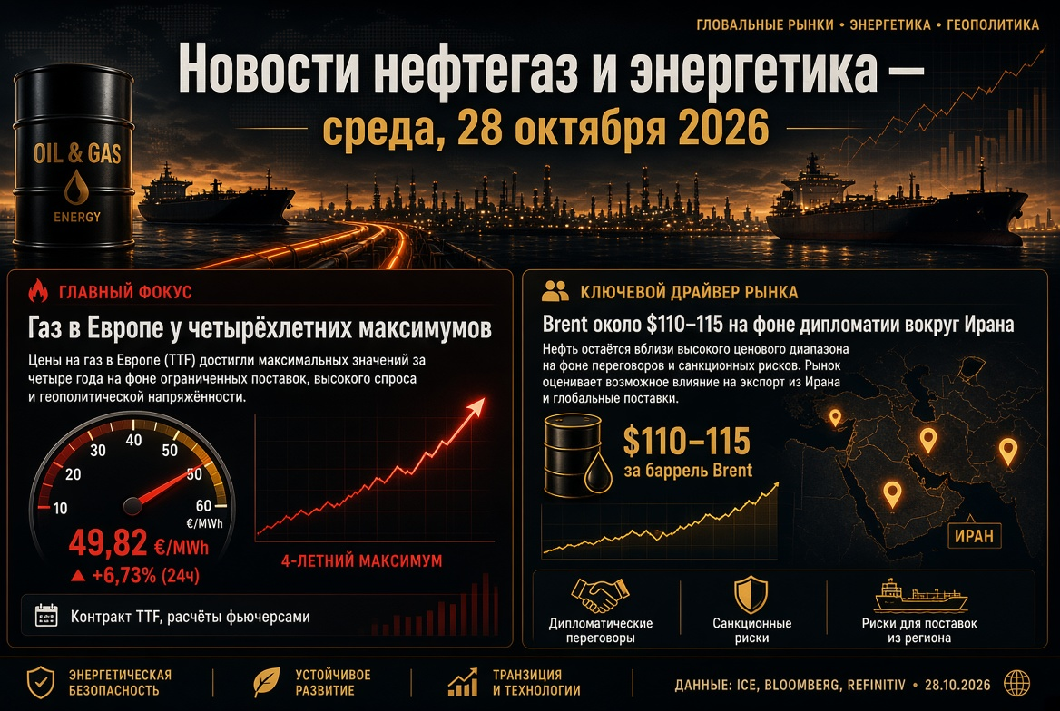 Noticias de petróleo y gas y energía — miércoles, 28 de octubre de 2026: gas en Europa en máximos de cuatro años, Brent cerca de $110–115 en medio de la diplomacia alrededor de Irán.