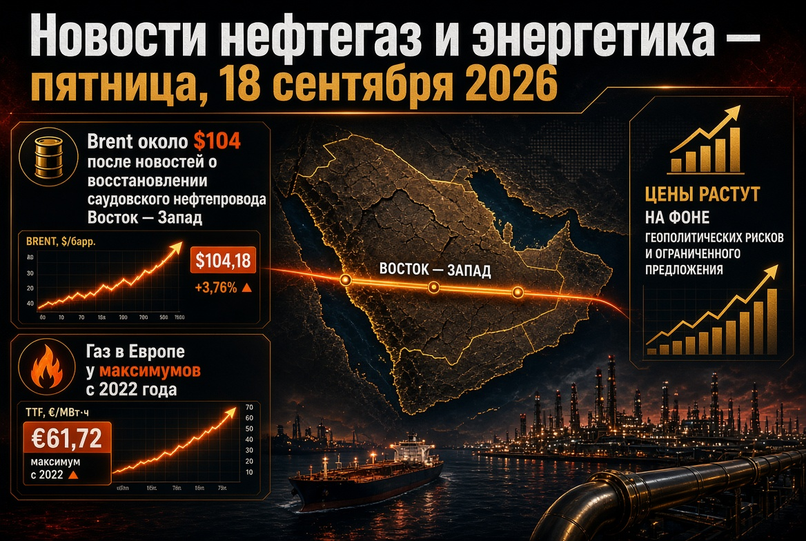 Noticias de petróleo y gas y energía - viernes, 18 de septiembre de 2026: Brent alrededor de $104 tras noticias sobre la restauración del oleoducto saudita Este-Oeste, gas en Europa en máximos desde 2022