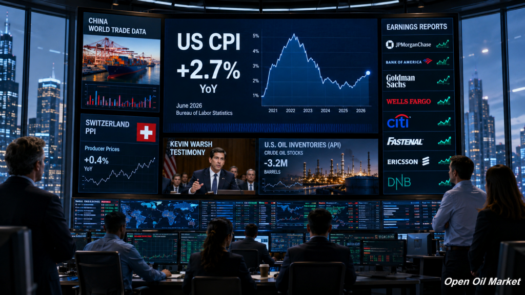 Mercados globales 14 de julio de 2026 — CPI EE. UU., estadísticas de China, inventarios de petróleo API y reportes de JPMorgan, Bank of America, Goldman Sachs, Wells Fargo y Citigroup.