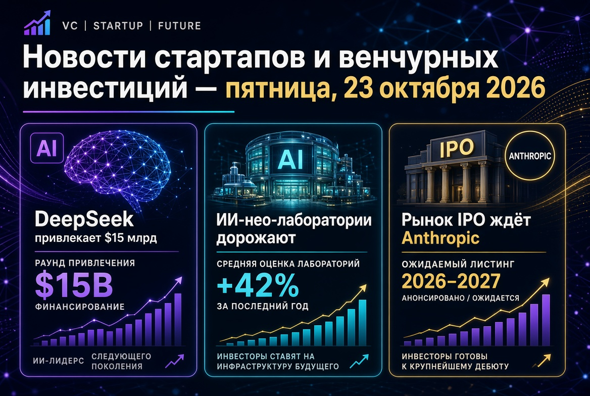 Noticias de startups y capital de riesgo — viernes, 23 de octubre de 2026: DeepSeek atrae $15 mil millones, los laboratorios de IA neo aumentan de valor, y el mercado de IPO espera a Anthropic