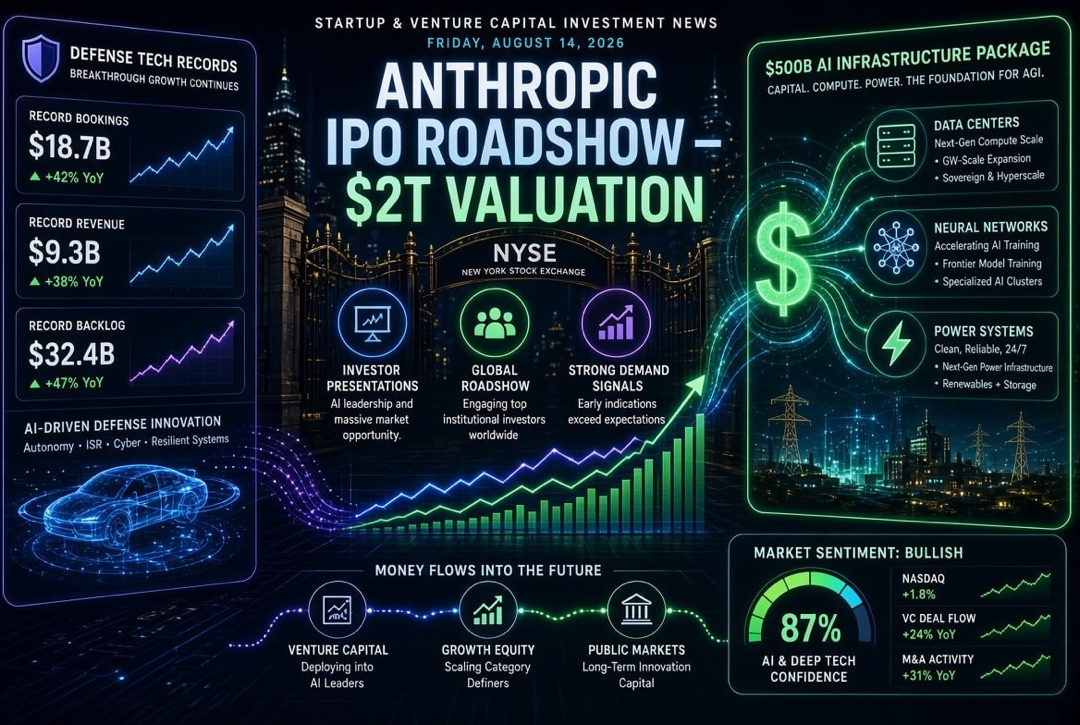 Noticias de startups e inversiones de capital de riesgo - viernes 14 de agosto de 2026: roadshow de IPO de Anthropic por $2 billones, paquete de $500 mil millones para infraestructura de IA y récords en tecnologías de defensa