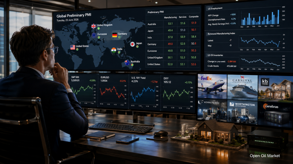 Eventos económicos e informes corporativos: martes, 23 de junio de 2026 — PMI globales, mercado laboral de EE. UU., FedEx, Carnival y KB Home