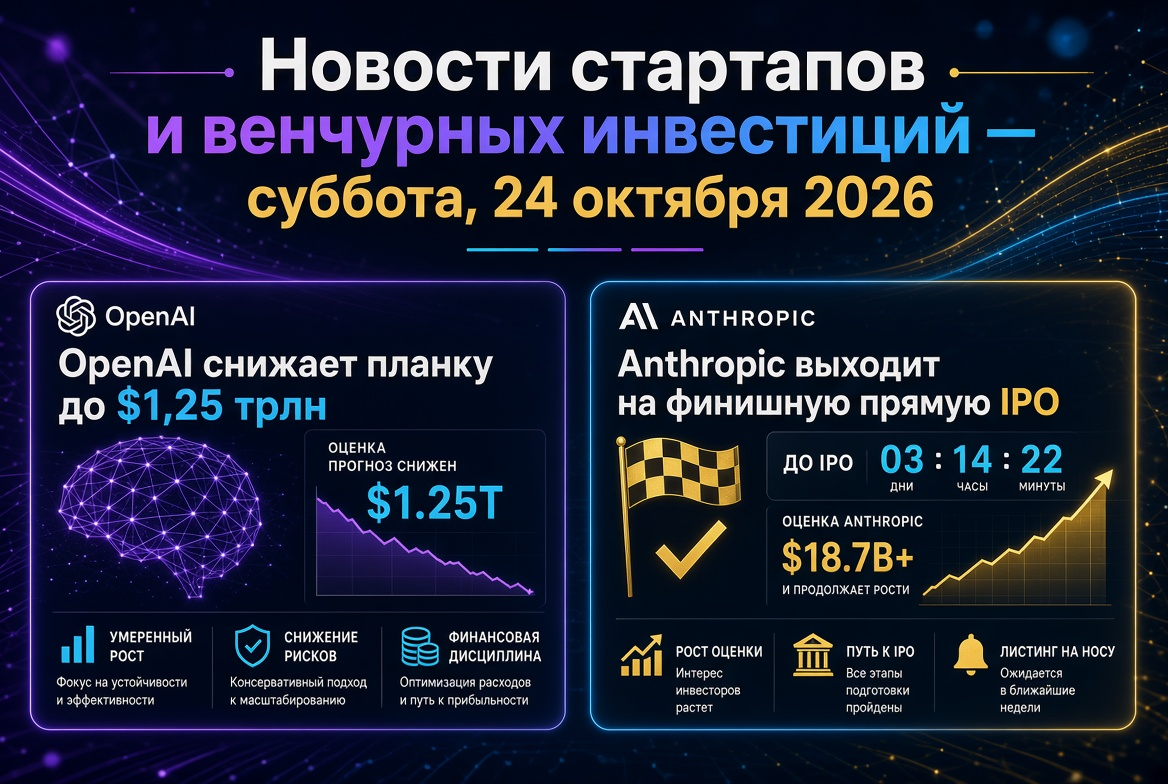 Noticias de startups e inversiones de riesgo — sábado, 24 de octubre de 2026: OpenAI reduce su valoración a $1.25 billones, mientras que Anthropic se acerca a su IPO.