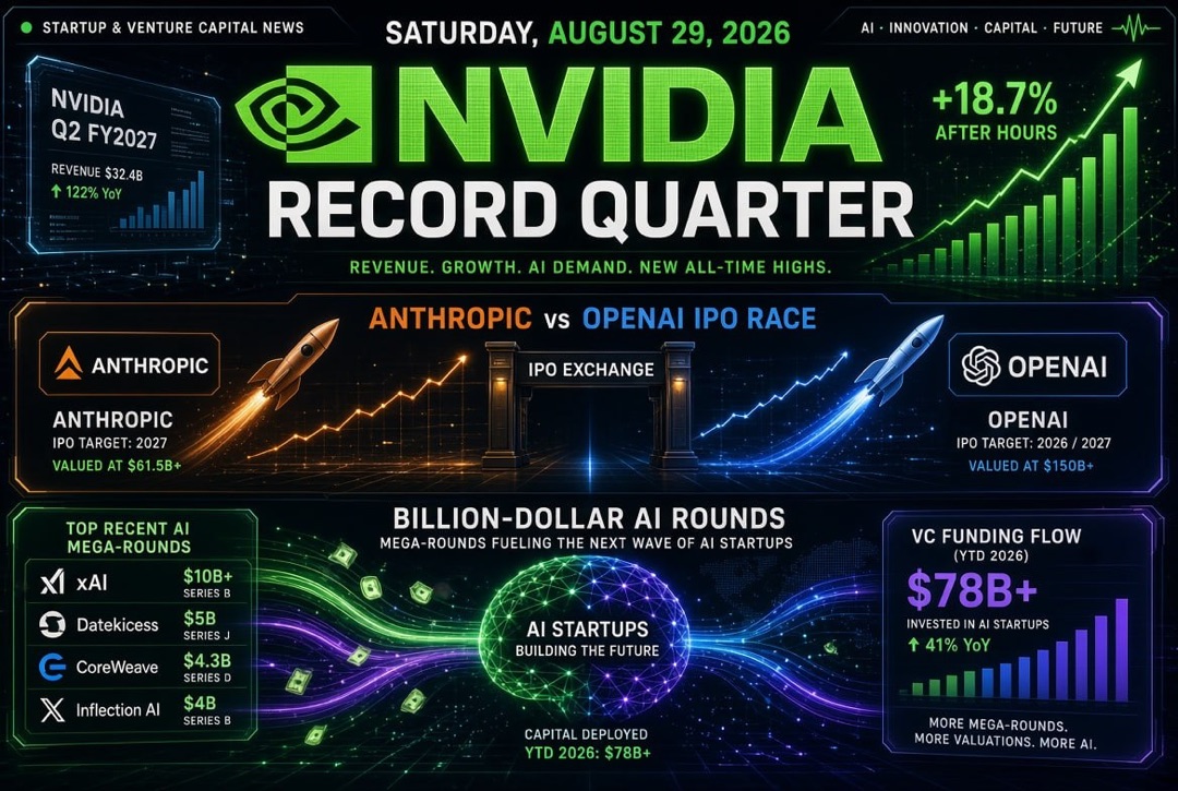 Noticias de startups e inversiones — sábado, 29 de agosto de 2026: trimestre récord de Nvidia, carrera de OPI de Anthropic y OpenAI y rondas de IA por miles de millones