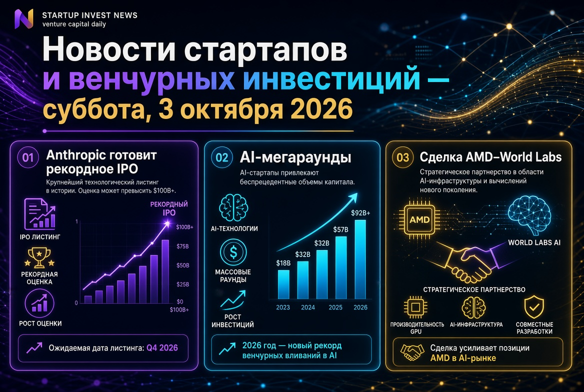 Noticias de startups y inversiones — sábado, 3 de octubre de 2026: Anthropic prepara una IPO récord, mega rondas de IA y el acuerdo AMD-World Labs