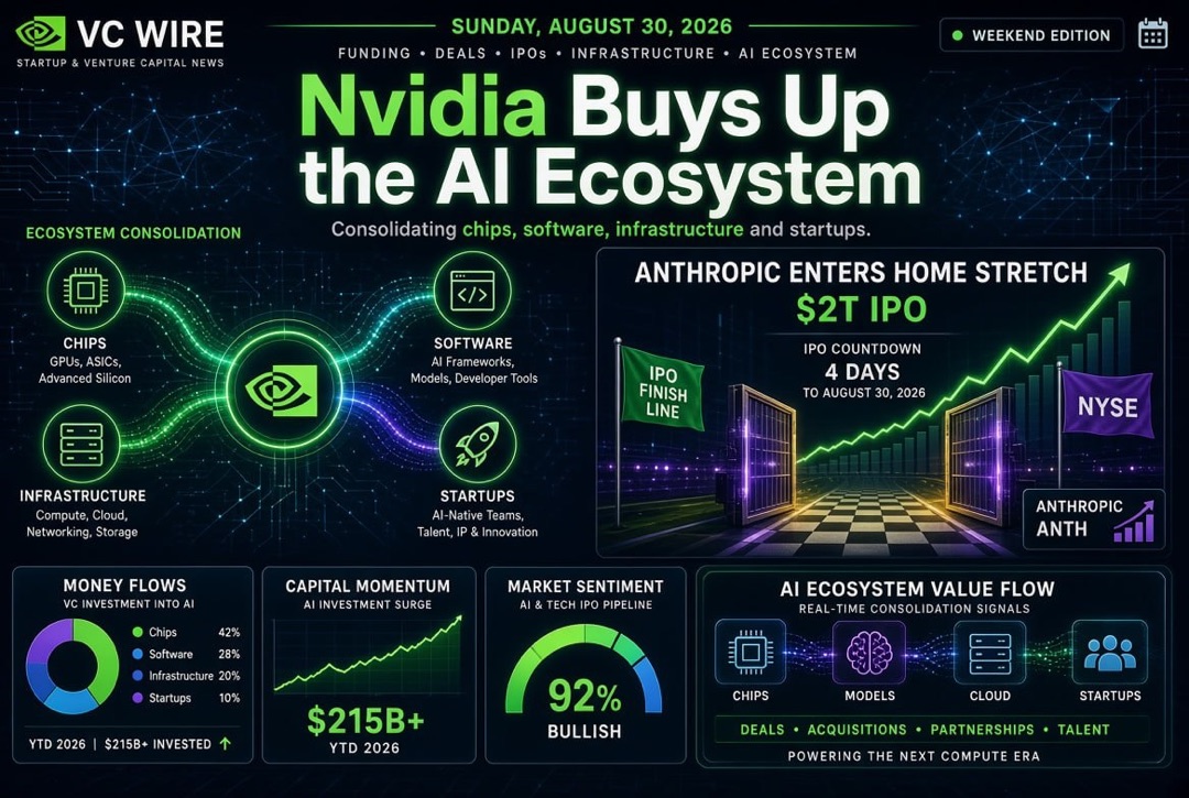 Noticias de startups e inversiones de capital de riesgo - domingo, 30 de agosto de 2026: Nvidia adquiere el ecosistema de IA, Anthropic se acerca a su IPO de $2 billones.