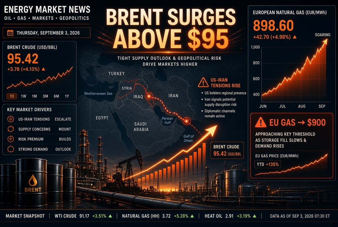 Noticias de petróleo y gas — jueves, 3 de septiembre de 2026: la escalada de EE. UU. e Irán impulsa el Brent por encima de $95, el gas en Europa se encarece a $900.