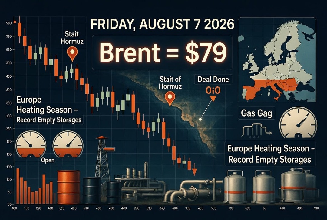 Noticias de petróleo y gas y energía - viernes, 07 de agosto de 2026: el acuerdo en el estrecho de Ormuz ha hecho caer el petróleo, Brent a $79, Europa entra en la temporada de calefacción con almacenes récord vacíos.