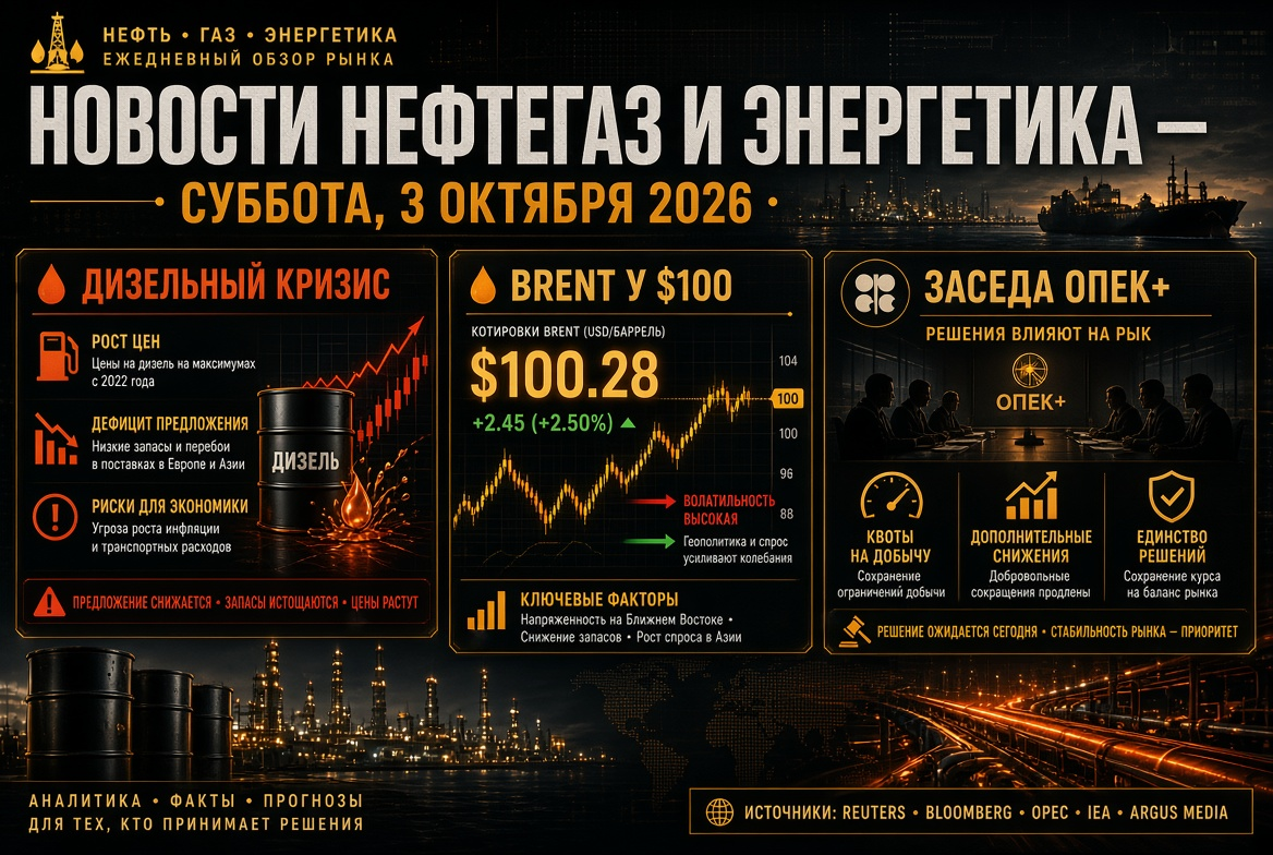 Noticias de petróleo y energía — sábado, 3 de octubre de 2026: crisis del diésel, Brent a $100 y reunión de OPEP+
