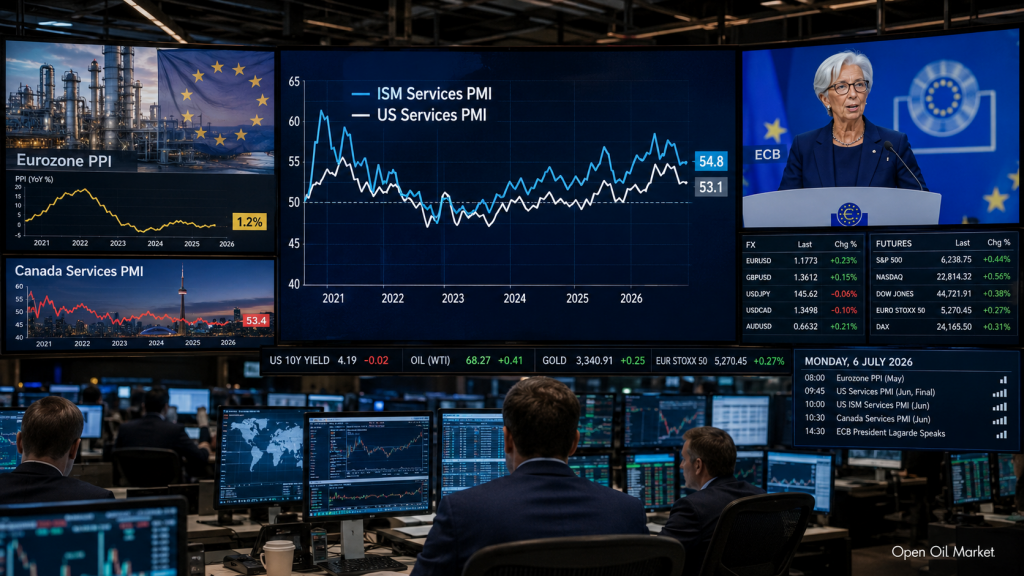 Calendario económico para el 6 de julio de 2026: PMI de Servicios de EE. UU., IPP de la eurozona, PMI de Canadá, discurso de la presidenta del BCE, Christine Lagarde, y la reacción de los inversores.