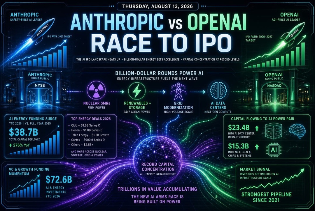 Noticias de startups e inversiones de capital de riesgo — jueves, 13 de agosto de 2026: carrera de Anthropic y OpenAI hacia la bolsa, rondas multimillonarias en energía para IA y récord de concentración de capital.